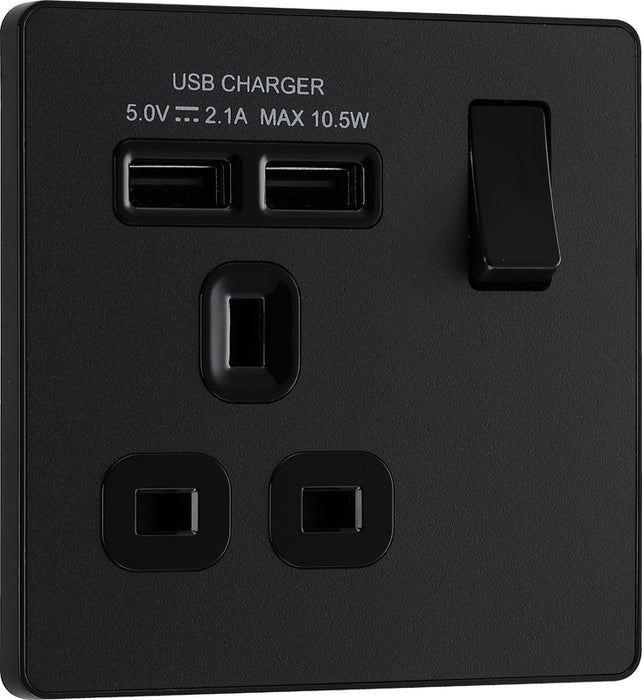 BG Evolve Matt Black Screwless Single Socket with USB PCDMB21U2B