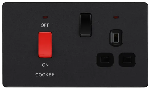 BG Evolve Matt Black Screwless 45A DP Cooker Unit + Socket + Neon PCDMB70B