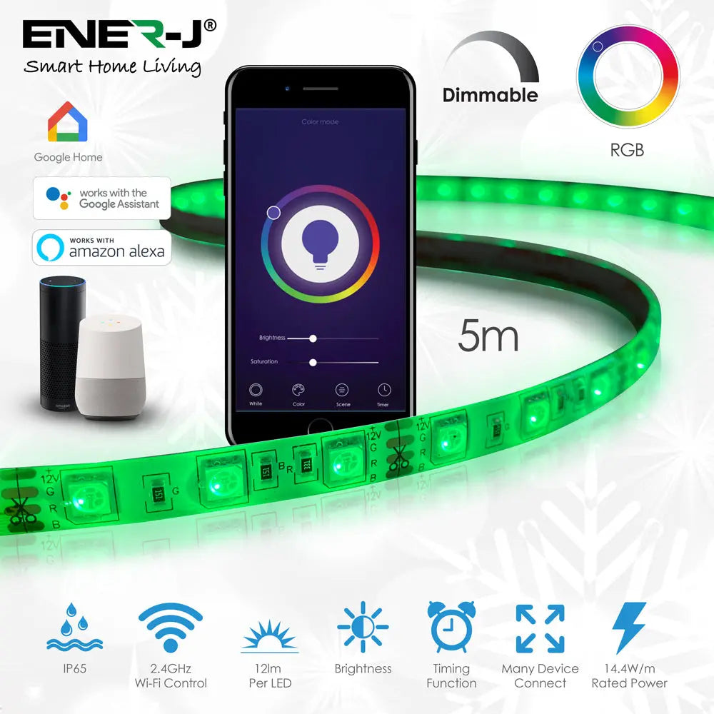 Smart Wi-Fi RGB LED Strip Light Kit – 5M Waterproof (IP65), 12V Plug & Play ENER-J