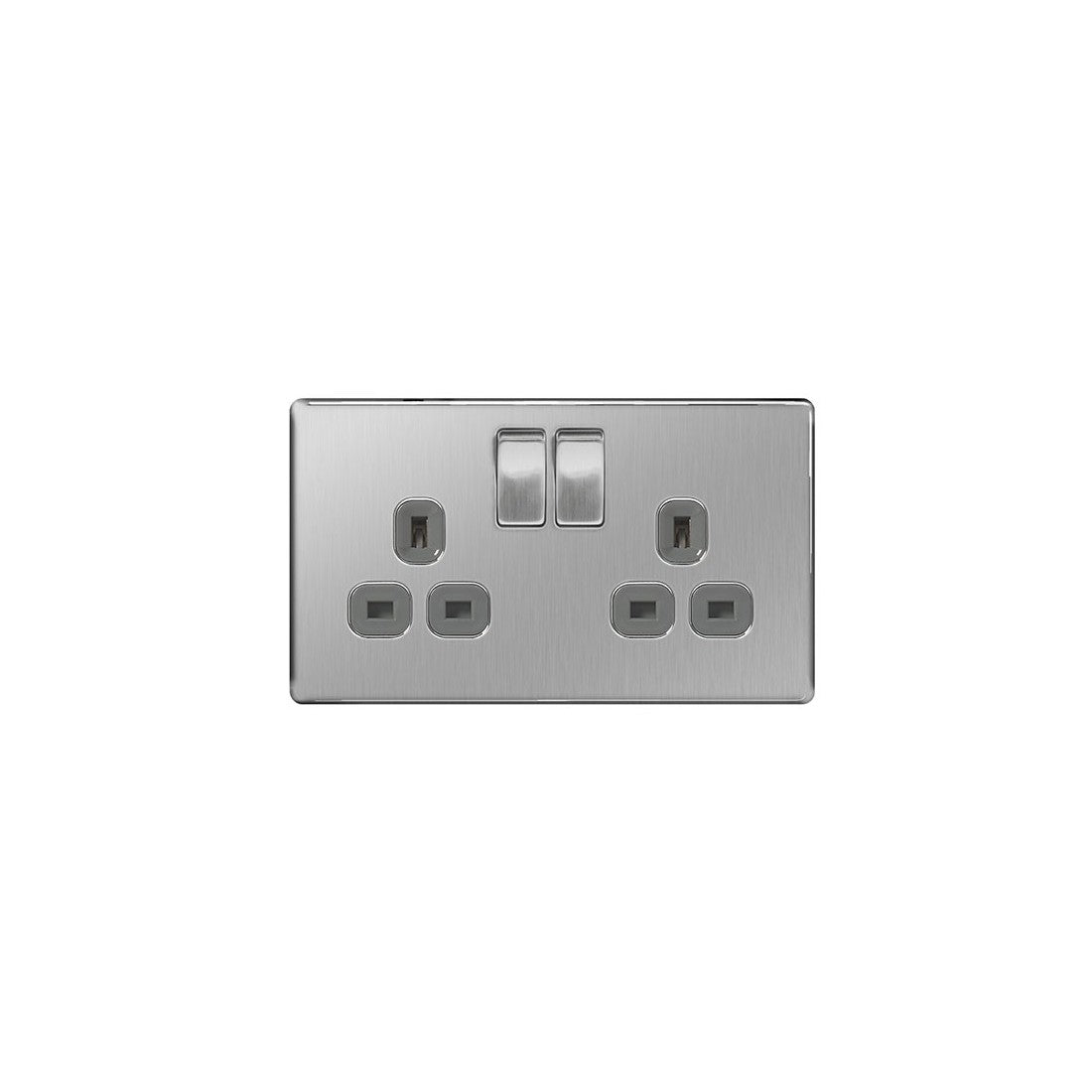 BG Nexus Screwless Flat Plate Brushed Steel Double Socket FBS22G Grey Inserts 13Amp