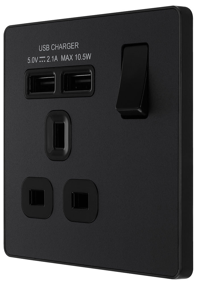 BG Evolve Matt Black Screwless Single Socket with USB PCDMB21U2B