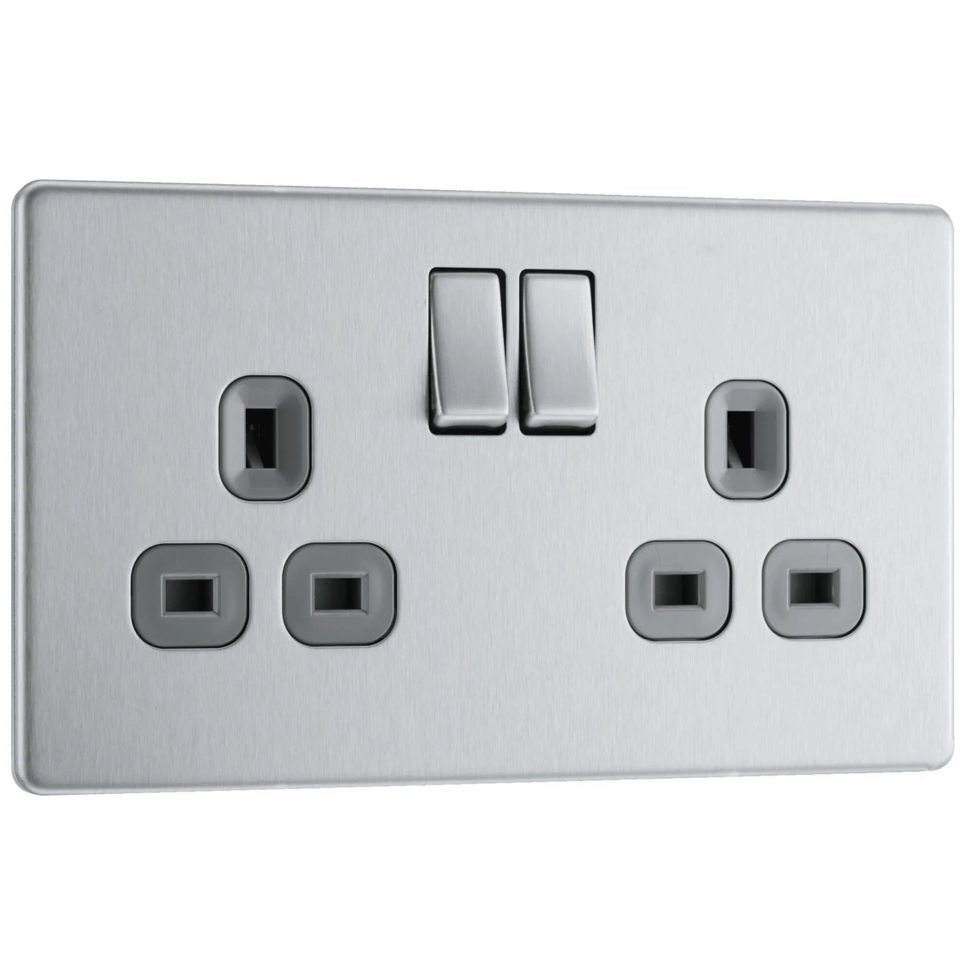 BG Nexus Screwless Flat Plate Brushed Steel Double Socket FBS22G Grey Inserts 13Amp