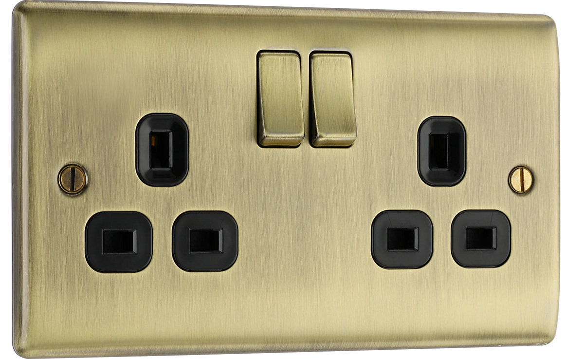 BG NAB22B(10) Nexus Metal | 10 Pack | Antique Brass - Black Insert | 13A | 2 Gang Switched Double Socket