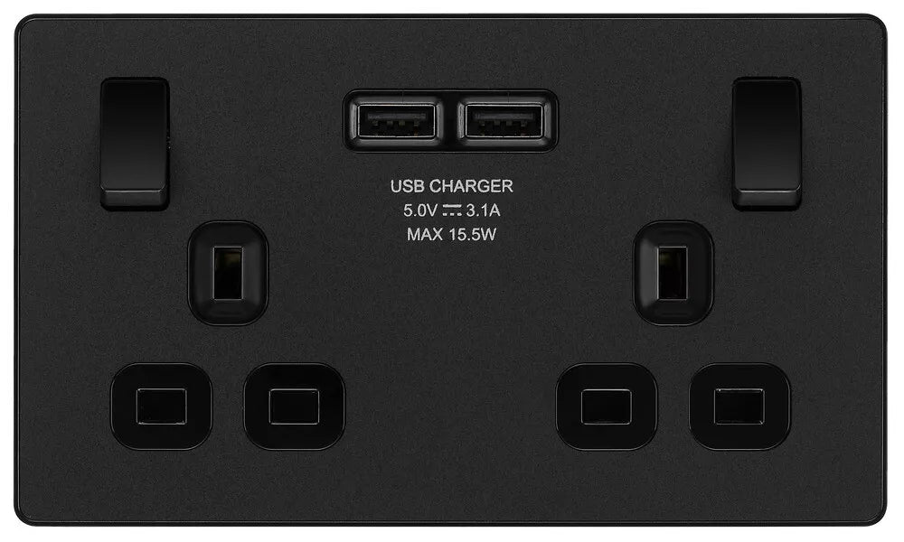 BG Evolve Matt Black Screwless Double Socket with USB PCDMB22U3B