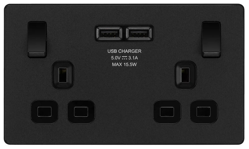 BG Evolve Matt Black Screwless Double Socket with USB PCDMB22U3B