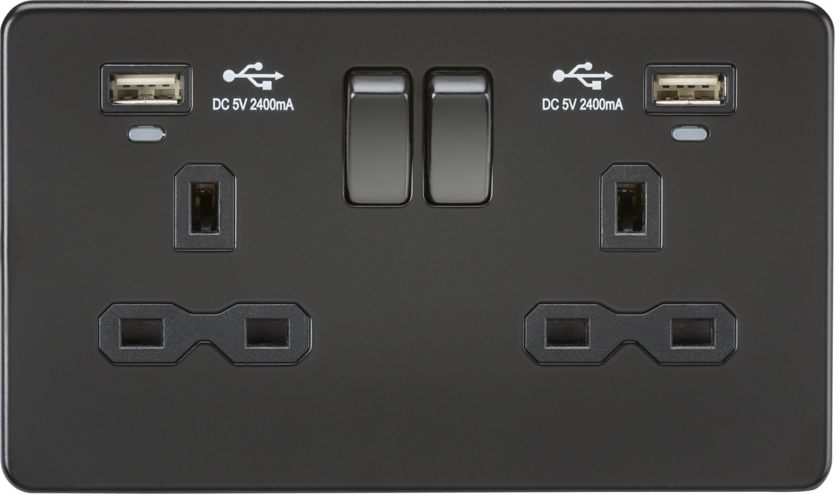 ML Knightsbridge Screwless 13A 2 Gang Switched Double Socket Dual USB (2.4A) with LED Charge Indicators - Matt Black