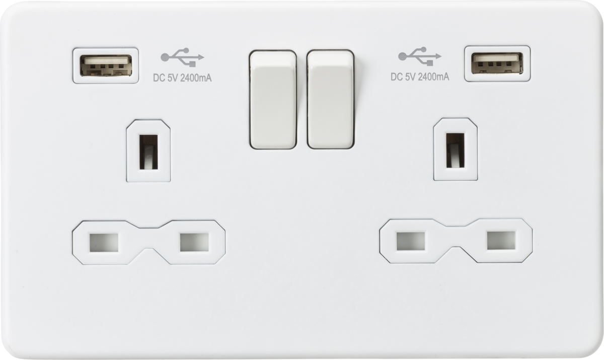 ML Knightsbridge Double Socket with Dual USB Charger Switched 13A 2 Gang A + A (2.4A) Screwless - Matt White