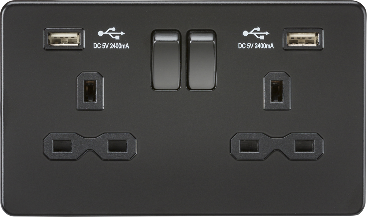 ML Knightsbridge Screwless  Double Socket with Dual USB Charger A + A (2.4A) 13A 2 Gang Switched- Matt Black