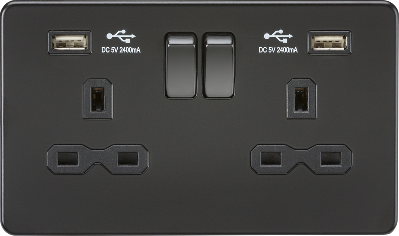 ML Knightsbridge Screwless  Double Socket with Dual USB Charger A + A (2.4A) 13A 2 Gang Switched- Matt Black