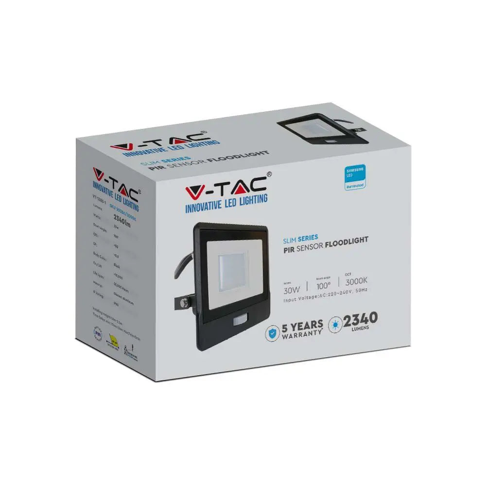 V-Tac 30W LED Floodlight Daylight PIR Samsung Chip 6500K- Black