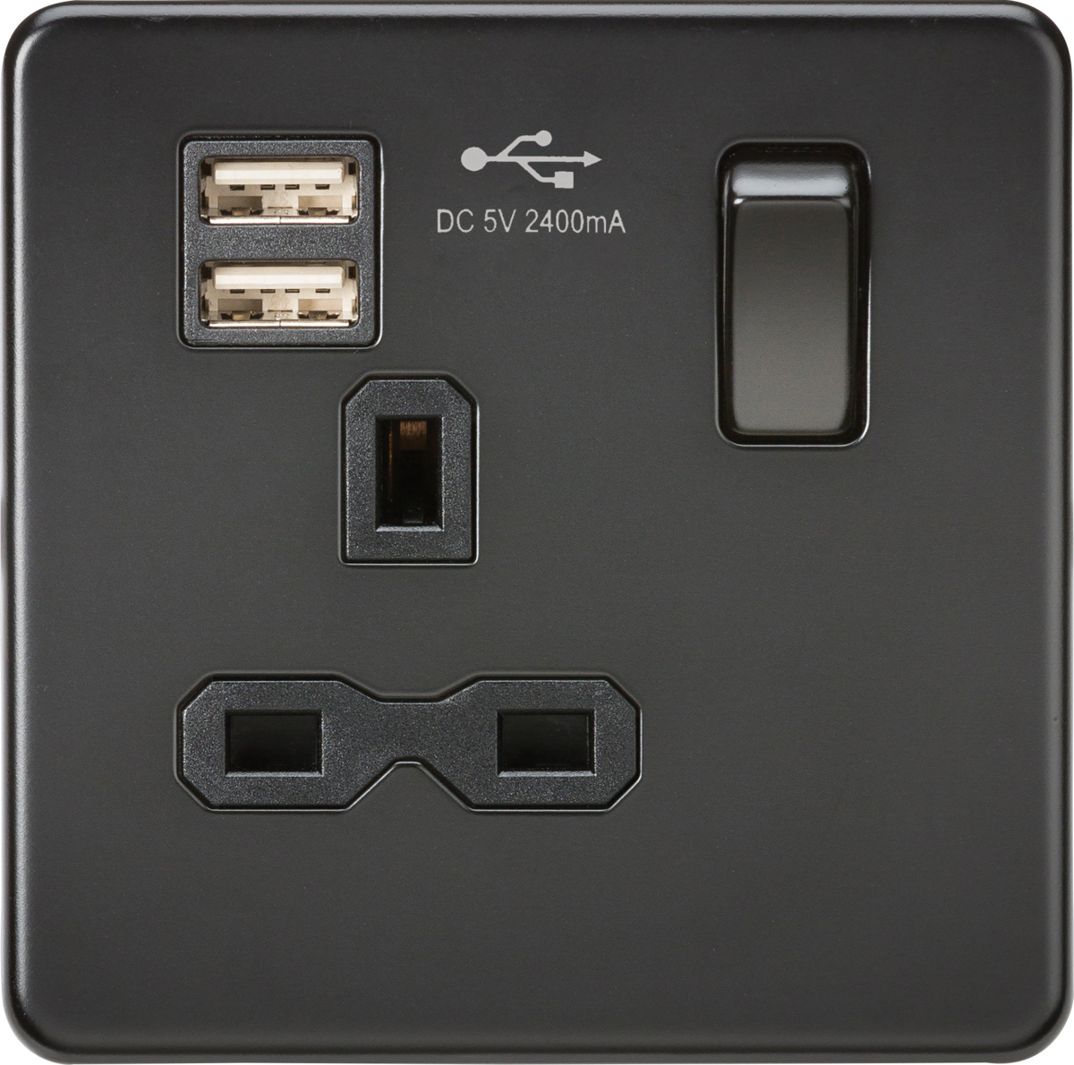 ML Knightsbridge Screwless Single Socket with Dual USB charger (2.4A) 13A 1 Gang Switched - Matt Black