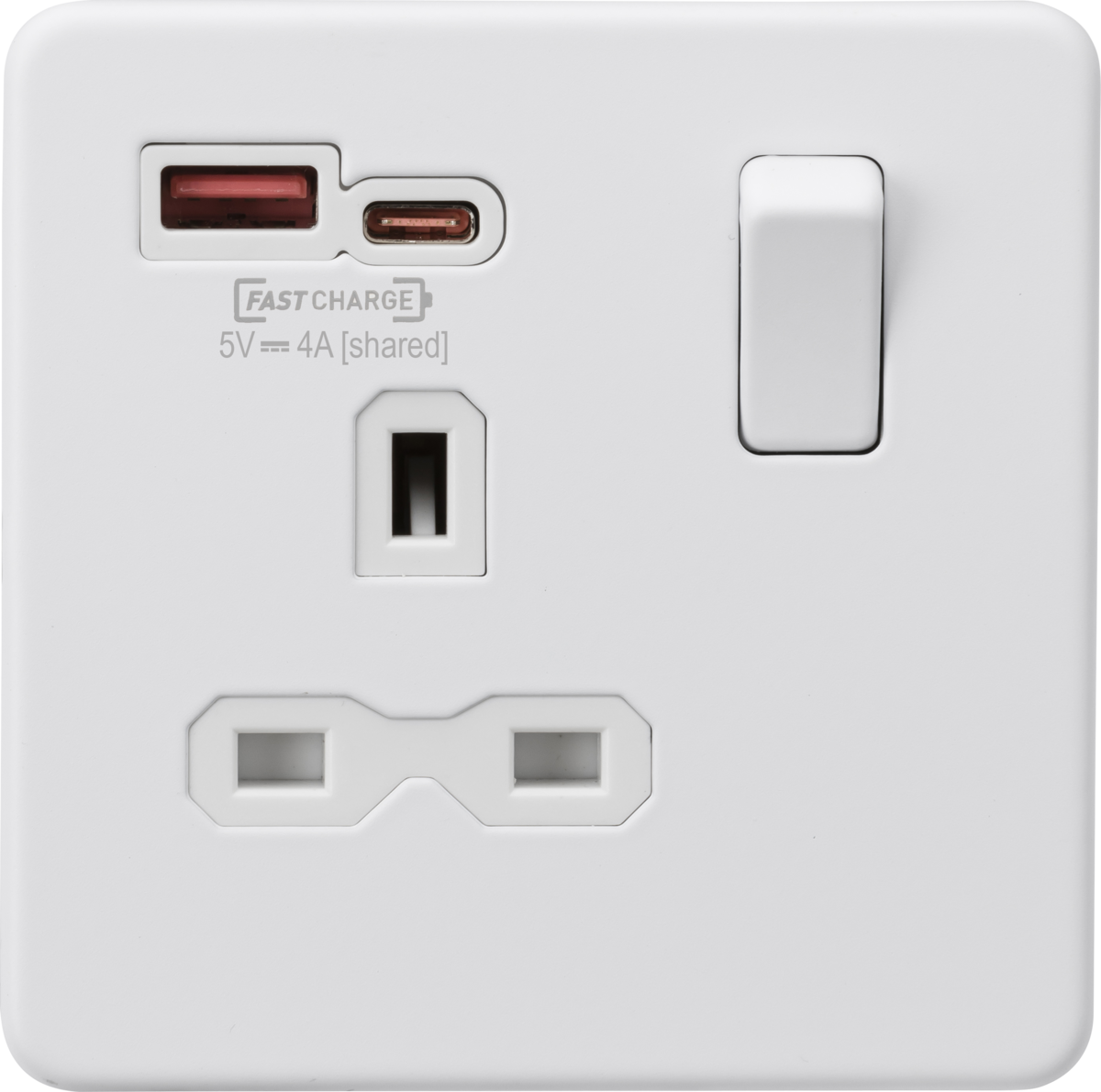 ML Knightsbridge Screwless Single Socket with Dual USB Fast Charge A+C 13A 1 Gang Switched - Matt White
