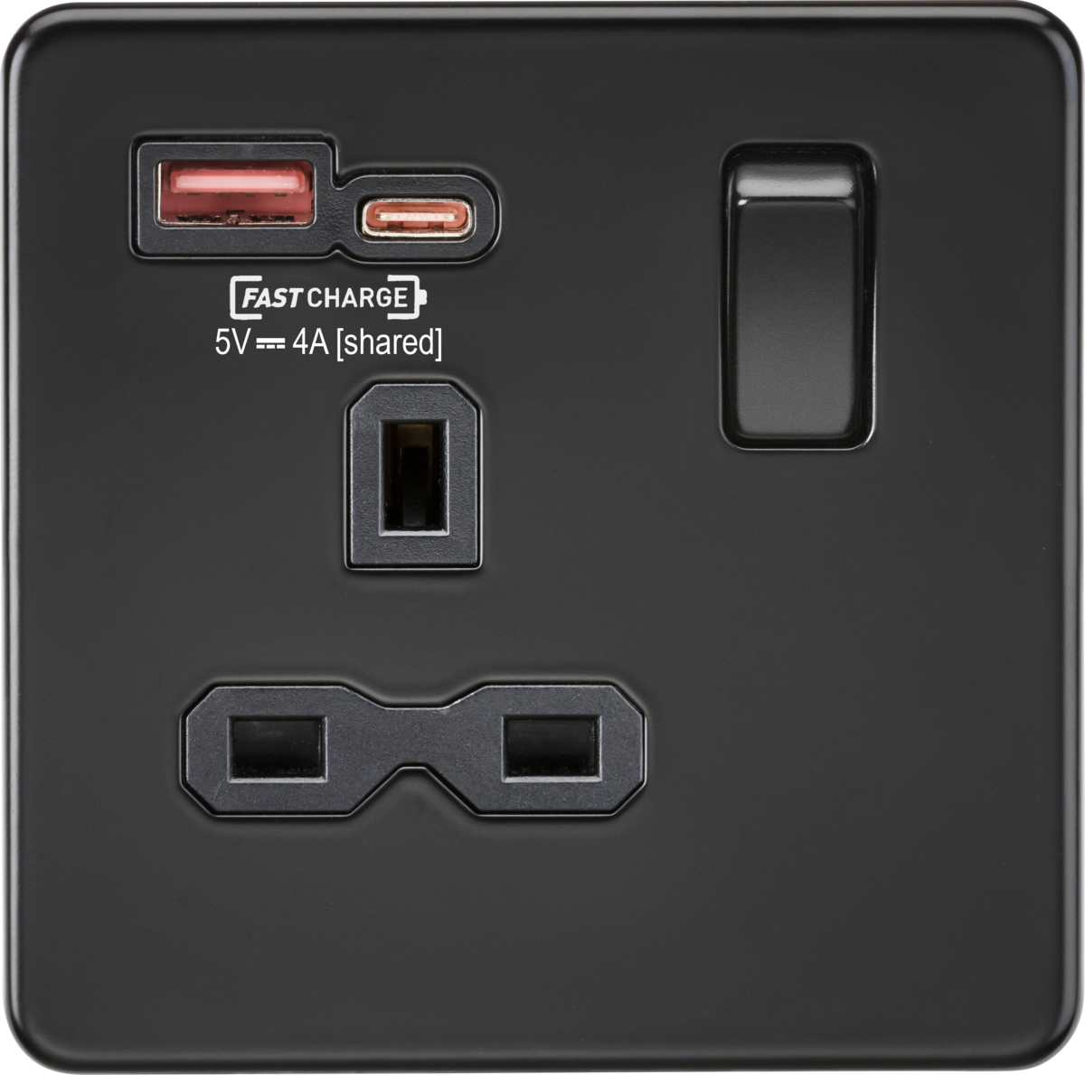 ML Knightsbridge Screwless Single Socket with Dual USB Fast Charge A+C 13A 1 Gang Switched - Matt Black