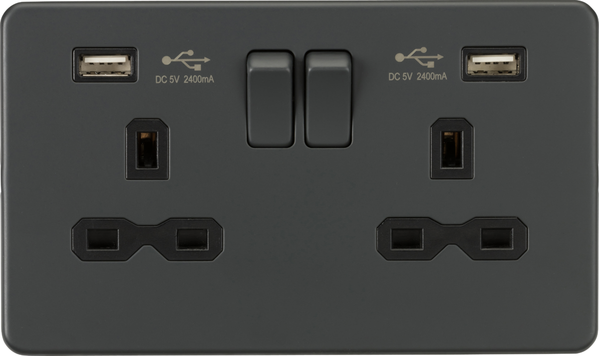 ML Knightsbridge Double Socket with Dual USB Charger Switched 13A 2 Gang A + A (2.4A) Screwless - Anthracite