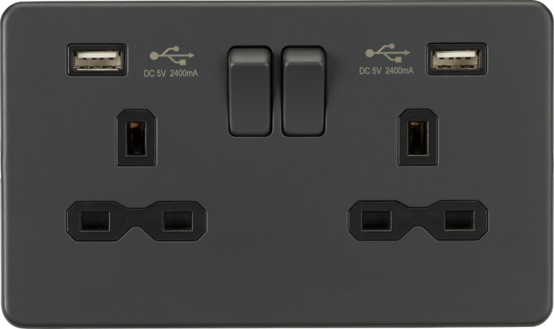 ML Knightsbridge Double Socket with Dual USB Charger Switched 13A 2 Gang A + A (2.4A) Screwless - Anthracite