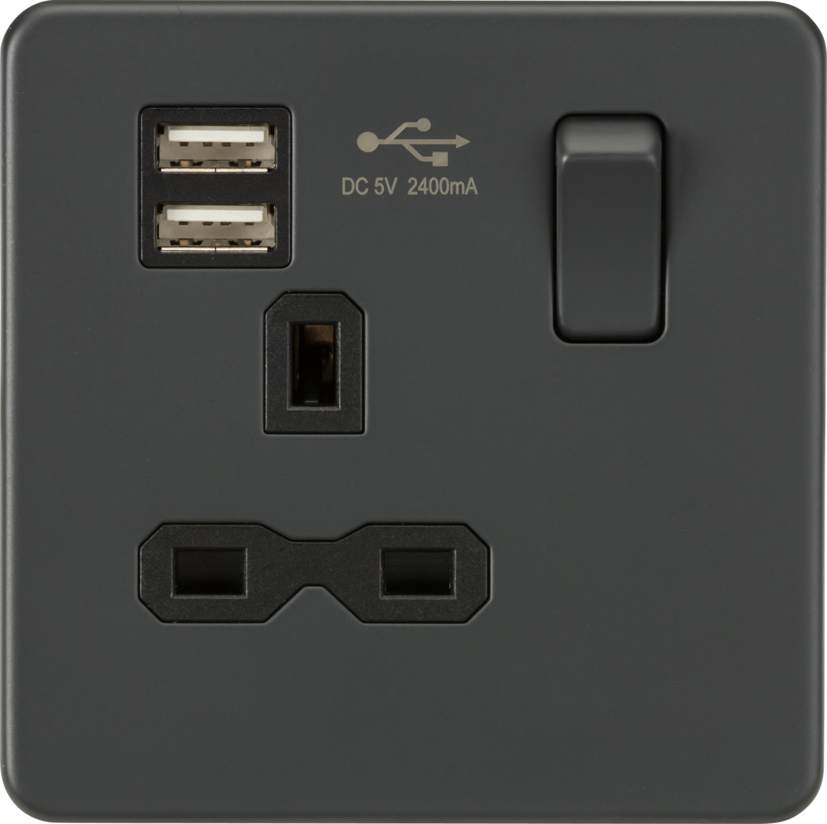 ML Knightsbridge Screwless 13A 1 Gang Switched Socket with Dual USB Charger (2.4A) - Anthracite