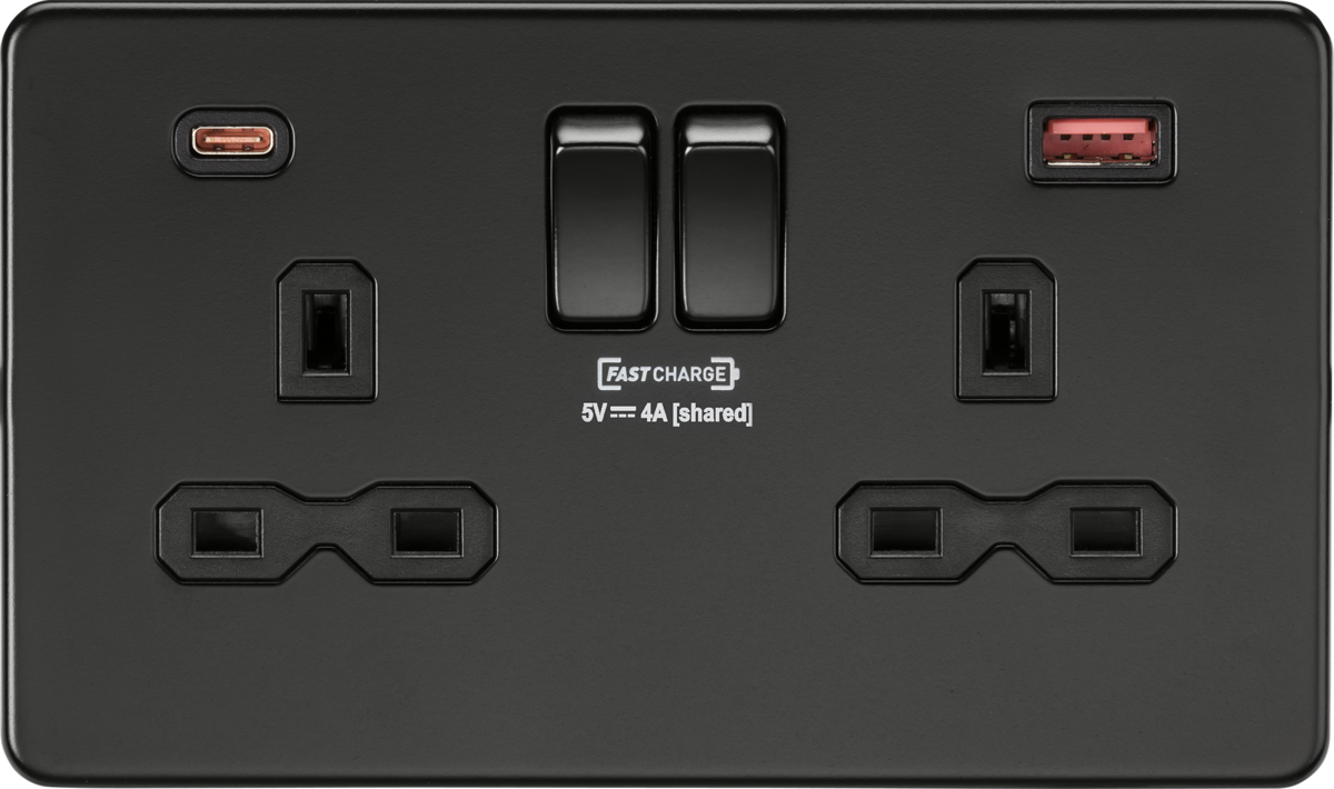 ML Knightsbridge Screwless Double Socket with Dual USB Fast charge A+C 13A 2 Gang Double Pole Switched - Matt Black