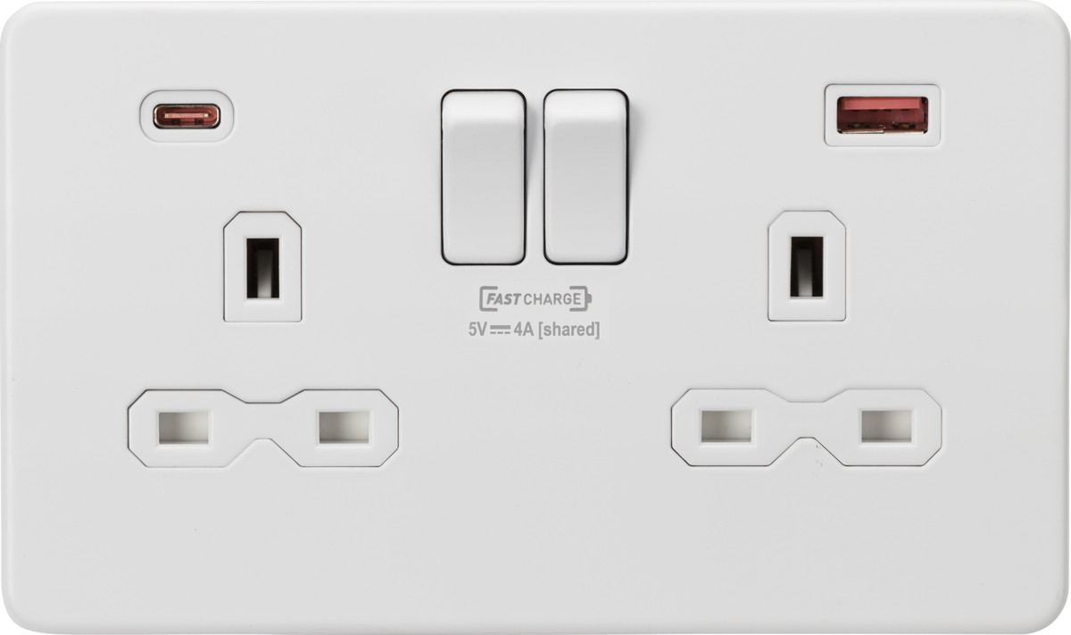 ML Knightsbridge Screwless Double Socket with Dual USB C+A Fast Charge 13A 2 Gang Double Pole Switched - Matt White