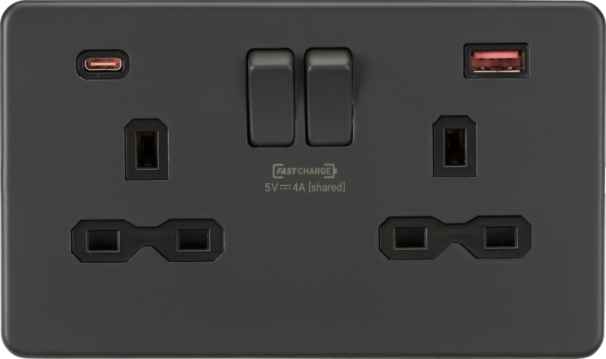 ML Knightsbridge Screwless Double Socket with Dual USB Fast charge A+C 13A 2 Gang Double Pole Switched - Anthracite