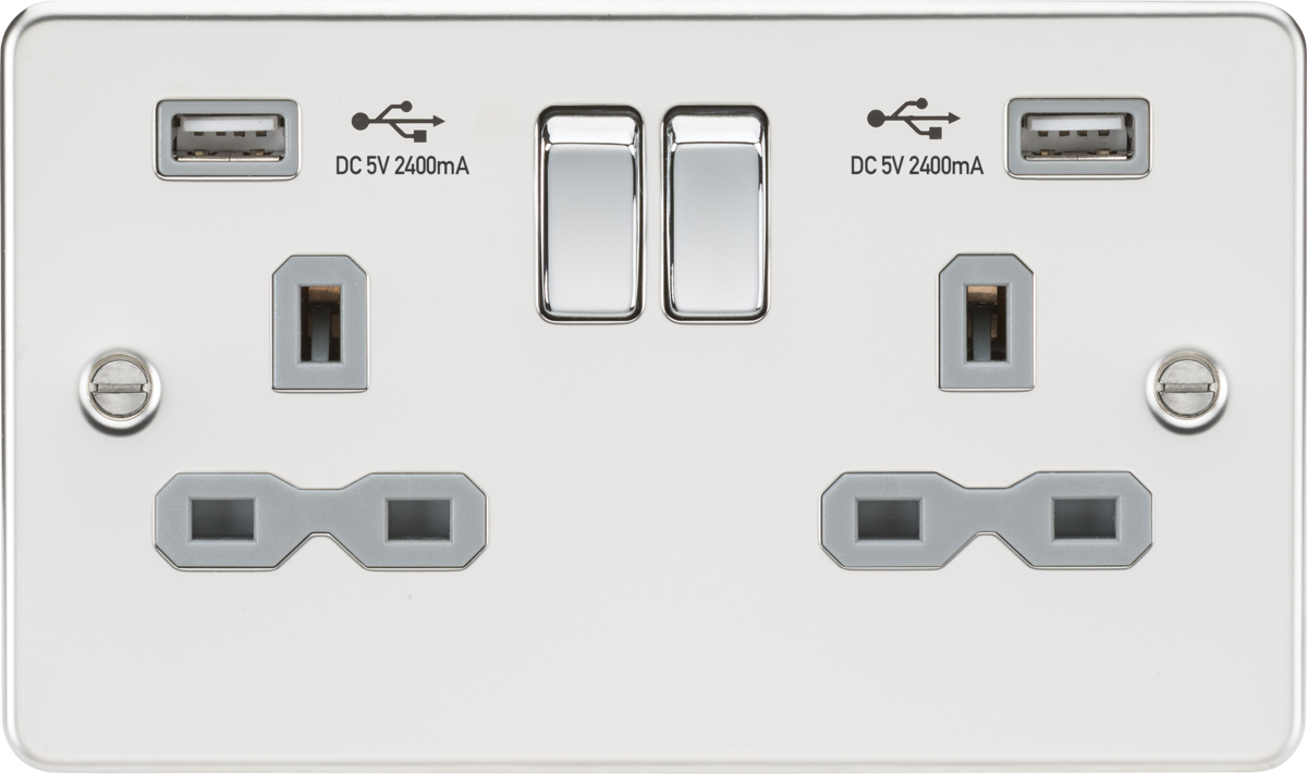 ML Flat Plate 13A 2 Gang Switched Double Socket With Dual USB Charger (2.4A) - Polished Chrome With Grey Insert