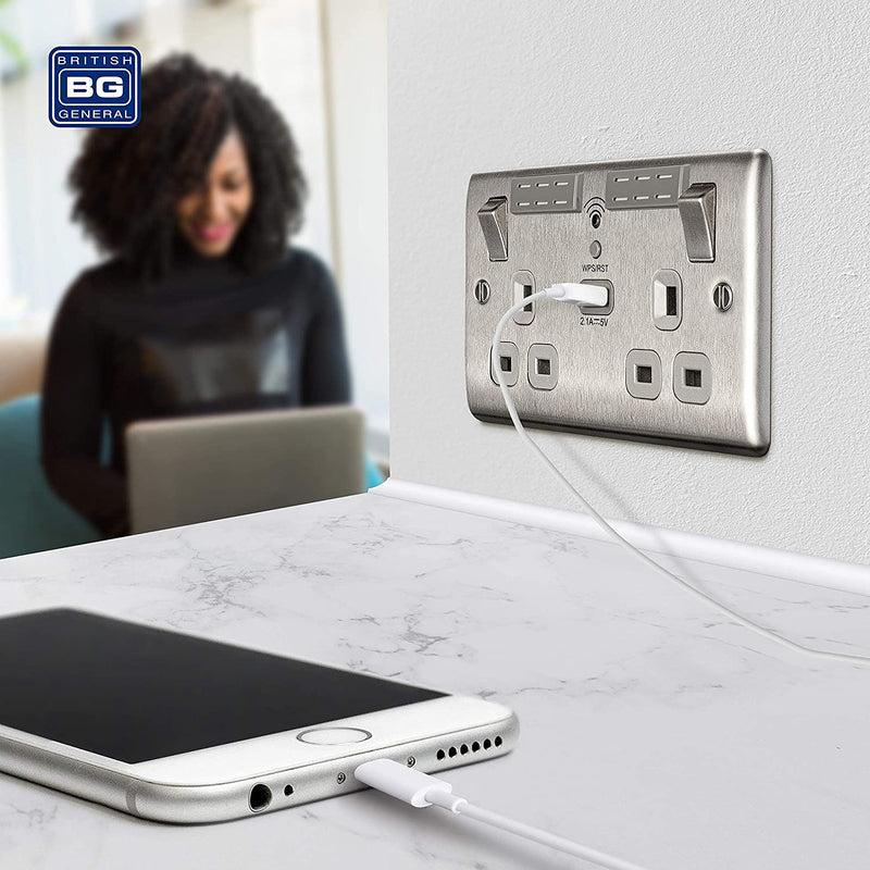BG USB Wifi Double Socket in Brushed Steel with Grey Insert - NBS22UWRG−01