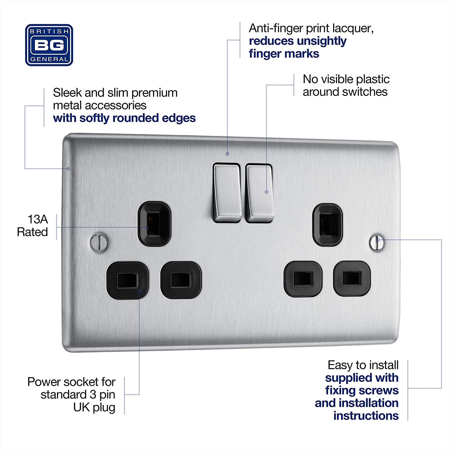 BG Nexus Metal Double Socket in Brushed Steel with Black Inserts - NBS22B-01