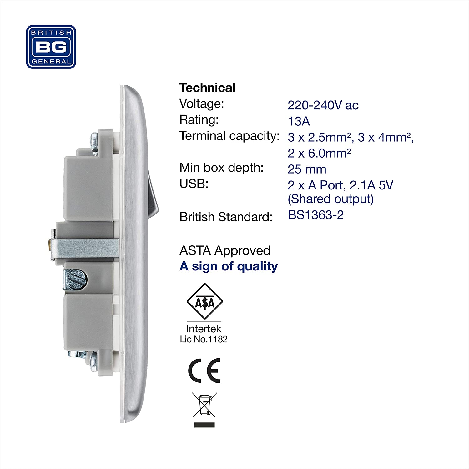BG Nexus Metal USB Single Socket in Brushed Steel with White Inserts - NBS21U2W-01