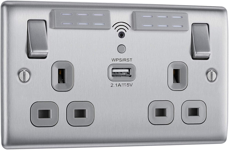 BG USB Wifi Double Socket in Brushed Steel with Grey Insert - NBS22UWRG−01