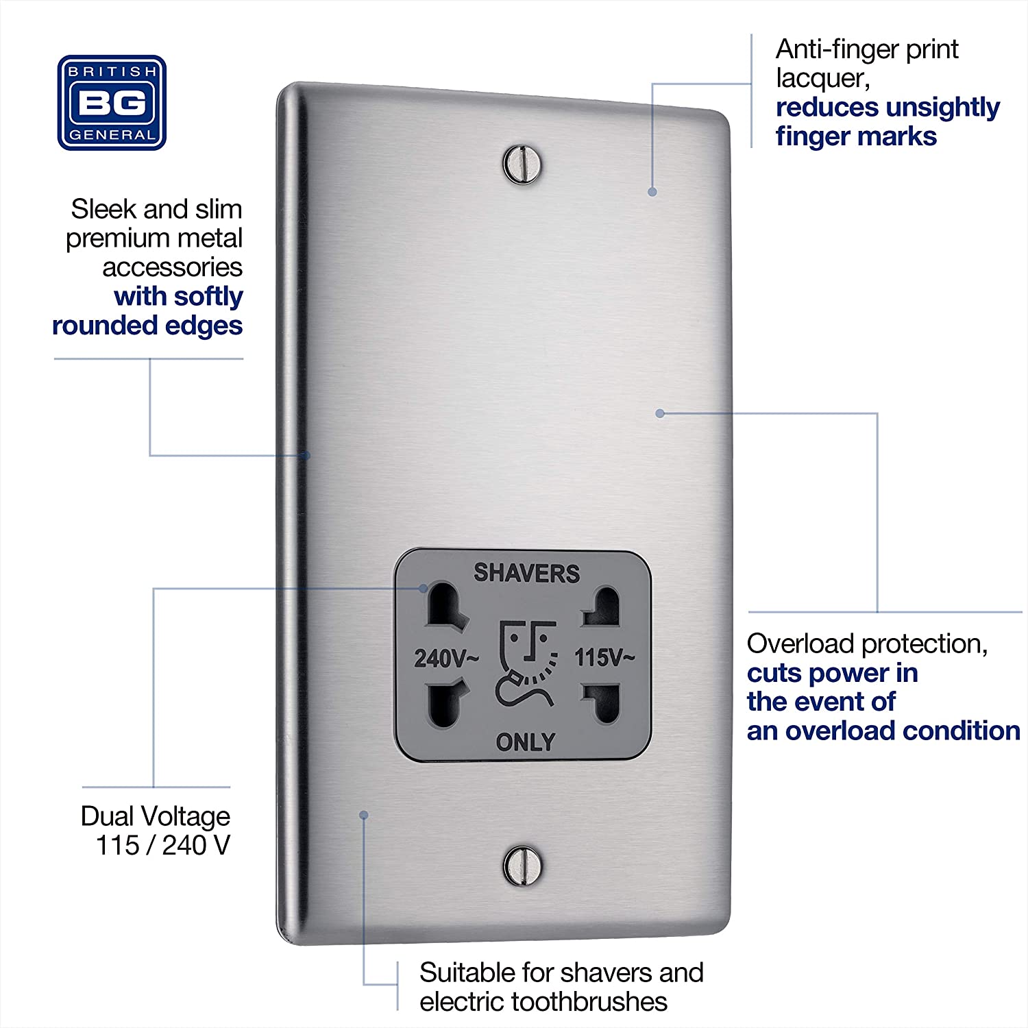 BG Nexus Metal Dual Voltage Shaver Socket in Brushed Steel with Grey Inserts - NBS20G-01