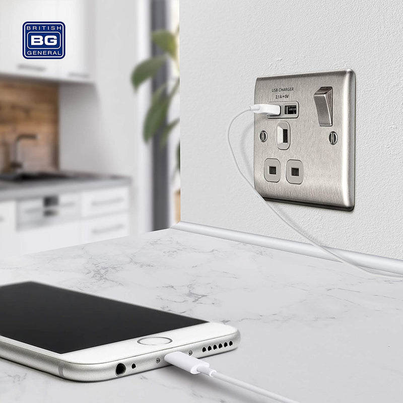 BG Nexus Metal Fast Charging Switched Single Socket with Two Charging USB Ports in Brushed Steel with Grey Inserts - NBS21U2G-01