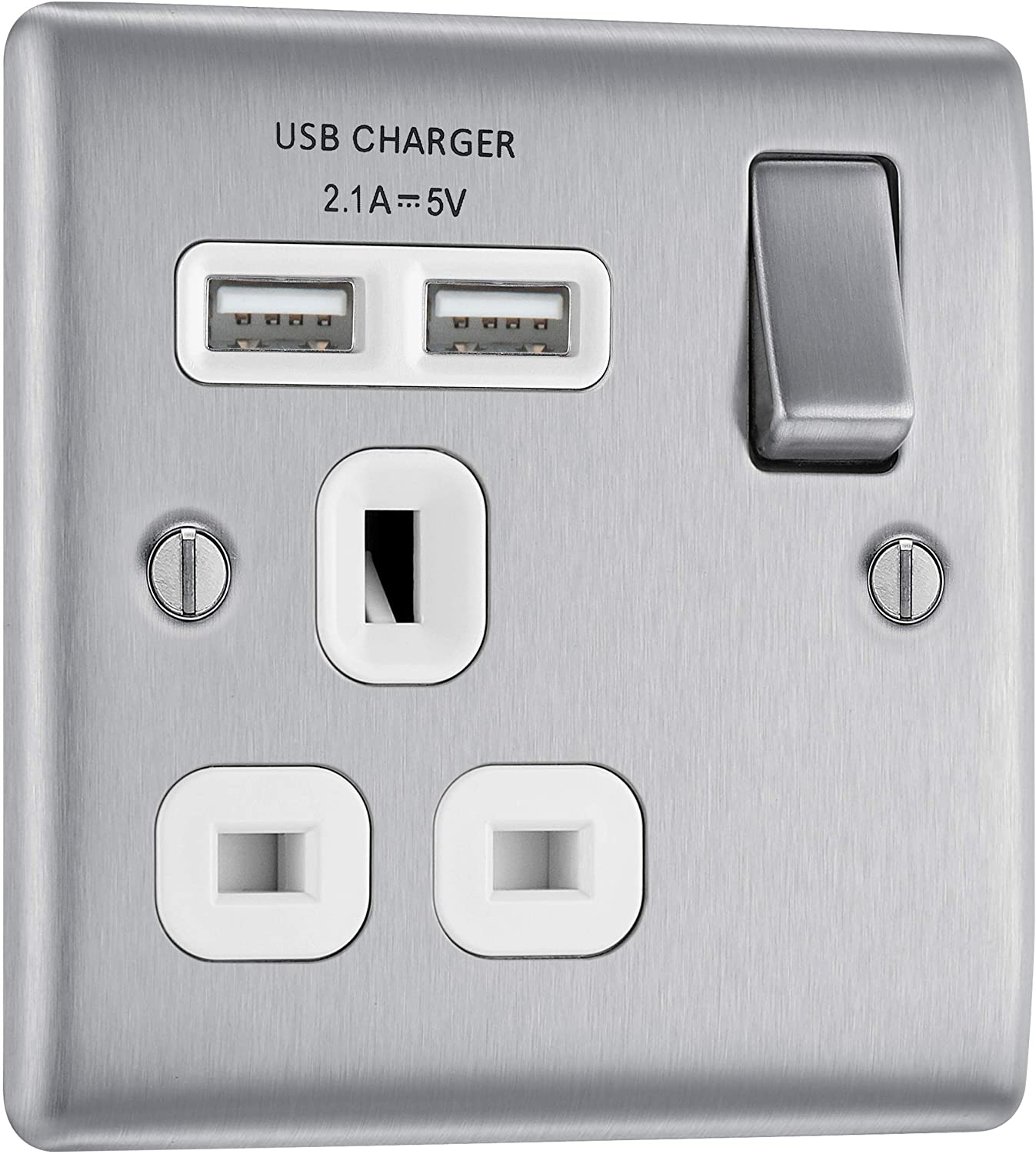 BG Nexus Metal USB Single Socket in Brushed Steel with White Inserts - NBS21U2W-01