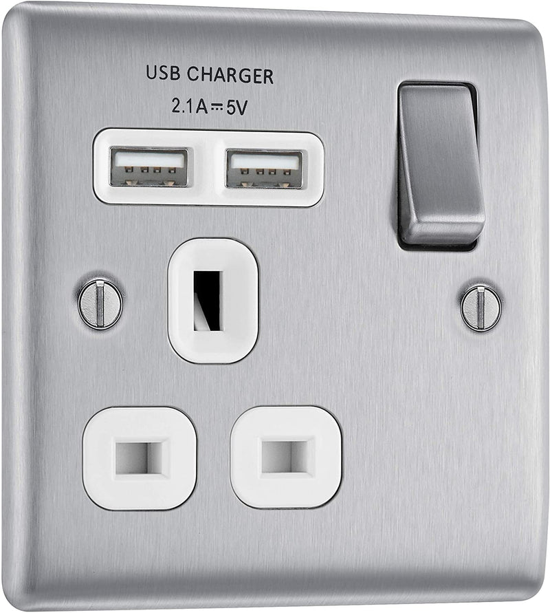 BG Nexus Metal USB Single Socket in Brushed Steel with White Inserts - NBS21U2W-01
