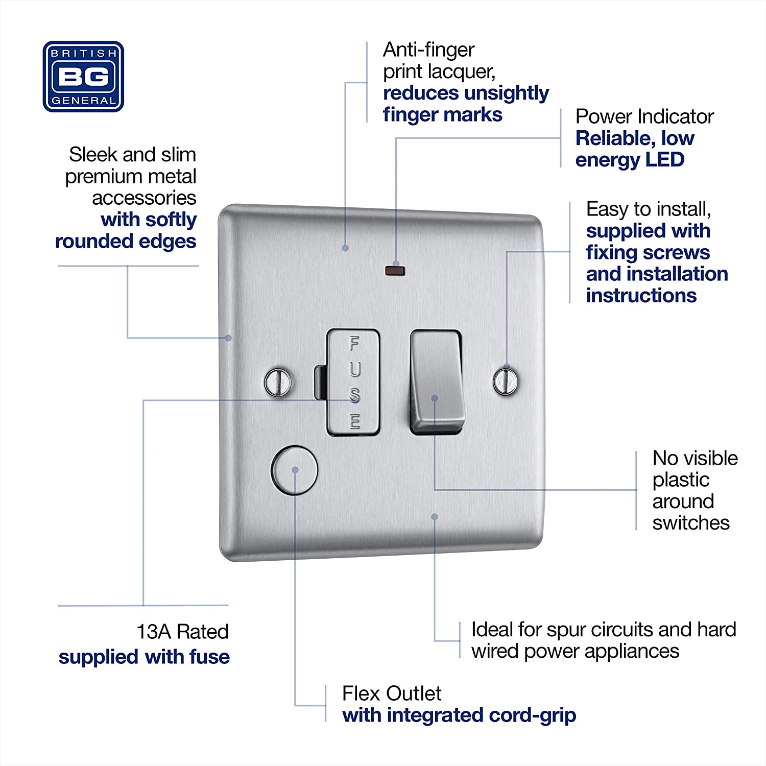 BG Nexus Metal Switched Fused Spur with Flex Outlet & Neon in Brushed Steel - NBS53-01