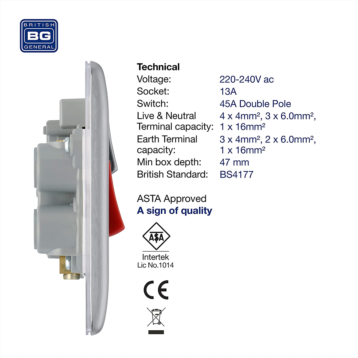 BG Nexus Metal 45 Amp DP Cooker Switch with Socket & Neon in Brushed Steel with White Inserts - NBS70W-01 BG (British General)