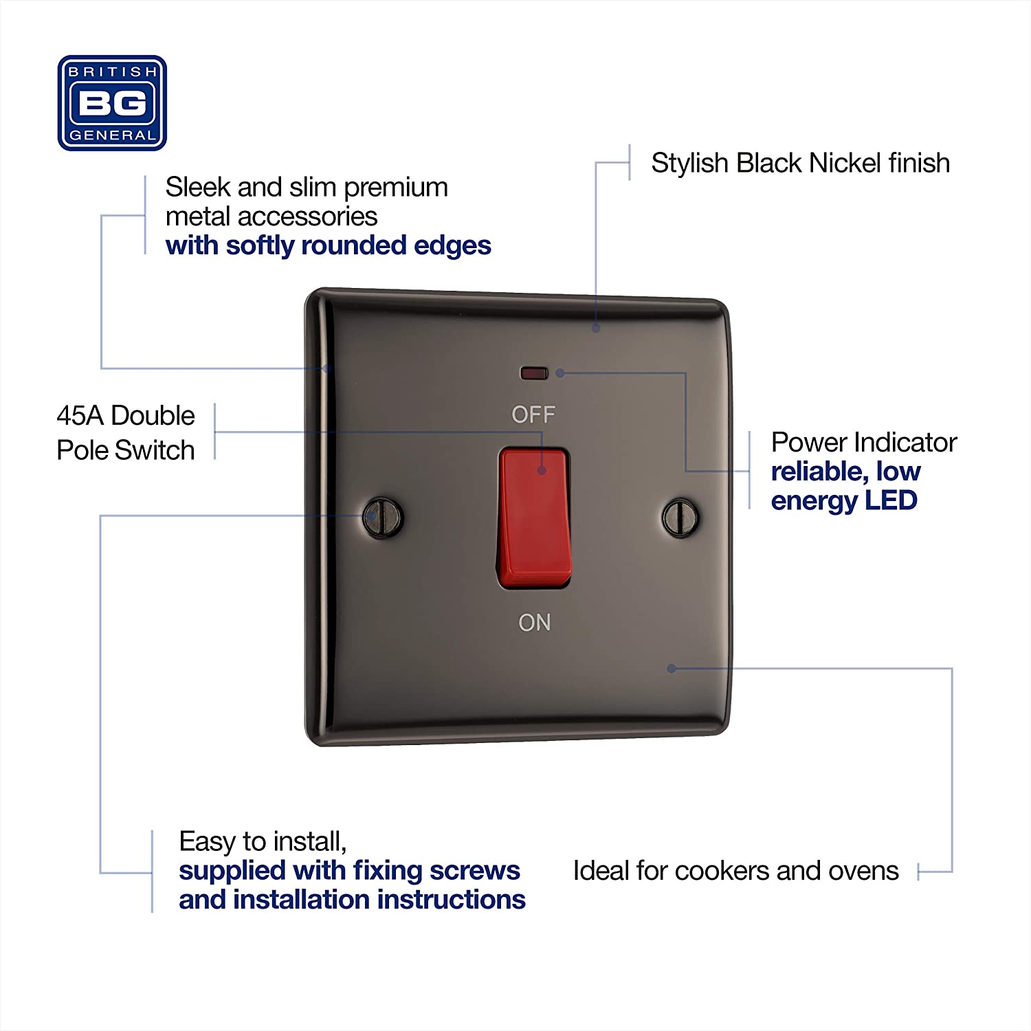 BG Nexus Metal 45 Amp Small DP Switch with Neon in Black Nickel - NBN74-01