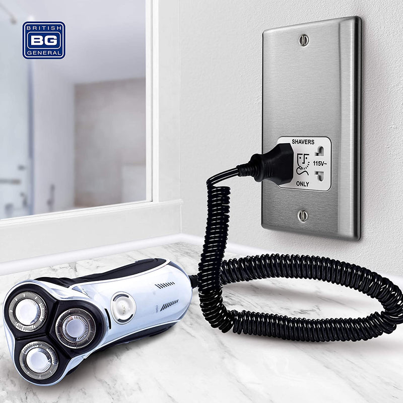 BG Nexus Metal Dual Voltage Shaver Socket in Brushed Steel with White Inserts - NBS20W-01