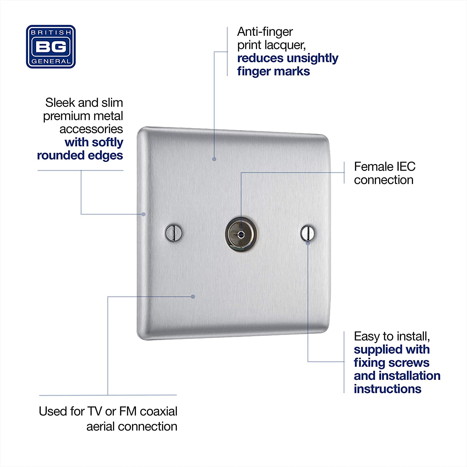 BG Nexus Metal TV Coax Point in Brushed Steel - NBS60-01