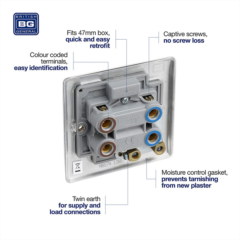 BG Nexus Metal 45 Amp Small DP Switch with Neon in Brushed Steel - NBS74-01