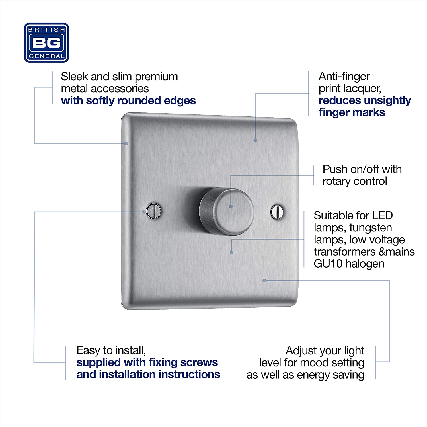 BG Nexus Metal 1 Gang Dimmer Switch in Brushed Steel - NBS81-01