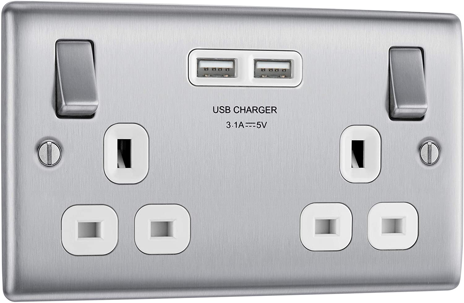 BG Nexus Metal USB Double Socket in Brushed Steel with White Inserts - NBS22U3W-01