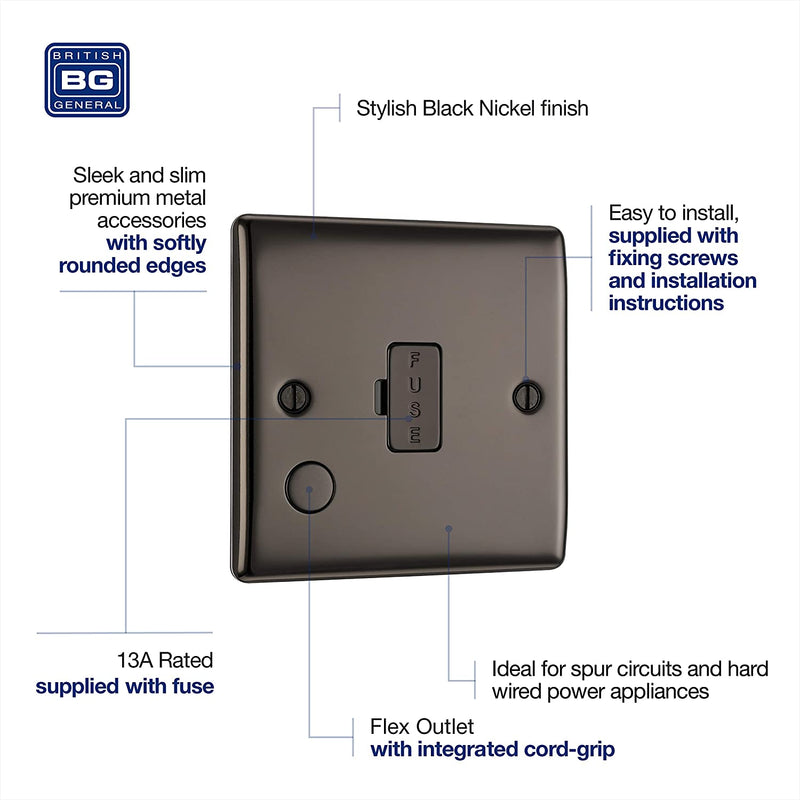 BG Nexus Metal Un-Switched Fused Spur with Flex Outlet in Black Nickel - NBN55-01