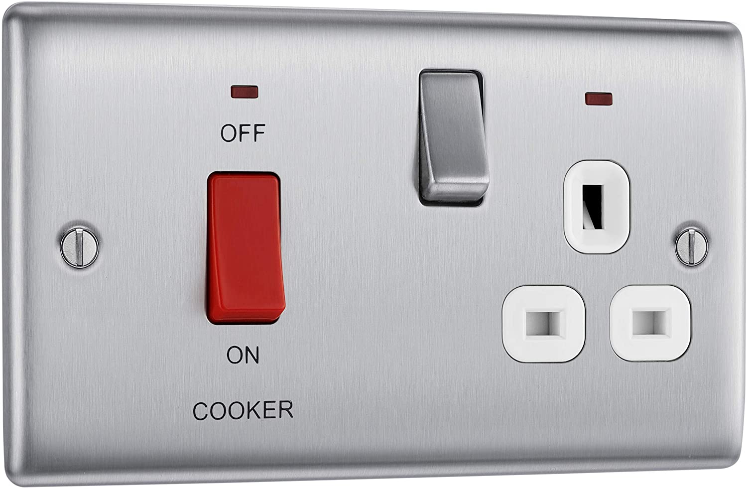 BG Nexus Metal 45 Amp DP Cooker Switch with Socket & Neon in Brushed Steel with White Inserts - NBS70W-01 BG (British General)