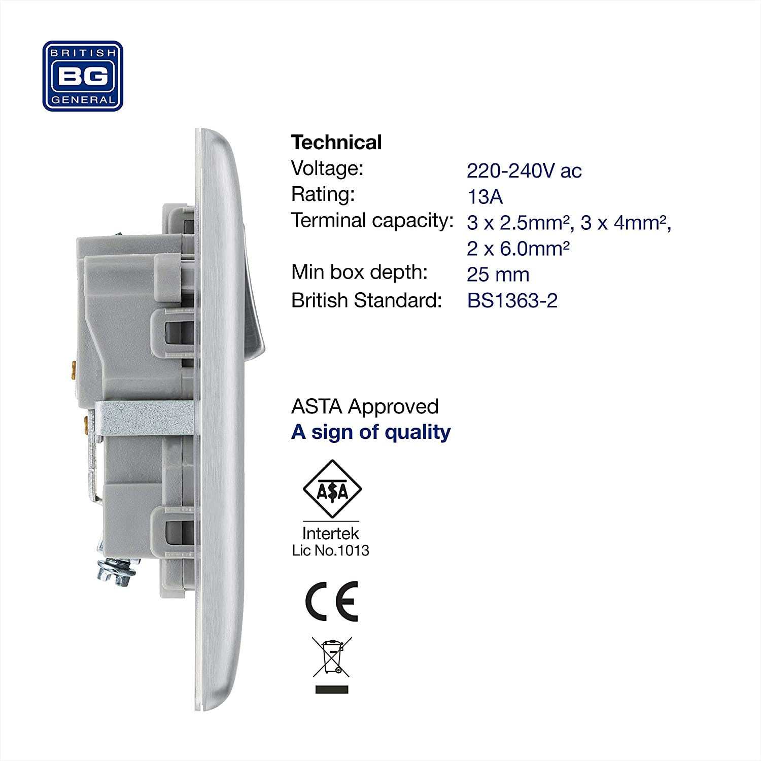 BG Nexus Metal Single Socket in Brushed Steel with Grey Inserts - NBS21G-01