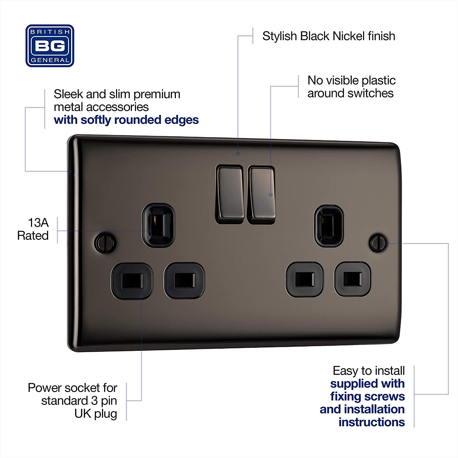 BG Nexus Black Nickel Double Socket with Black Inserts 13A 2 Gang - NBN22B