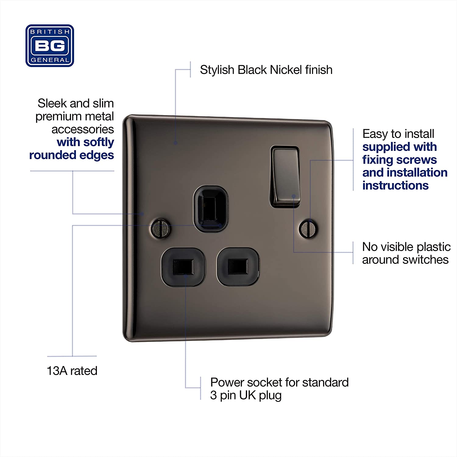BG Nexus Metal Single Socket in Black Nickel with Black Inserts - NBN21B-01