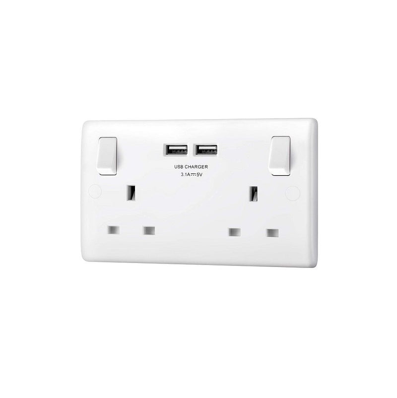 BG Nexus 13 Amp 2 Gang Double Switched Socket c/w 2 x USB Ports - 3.1A in White