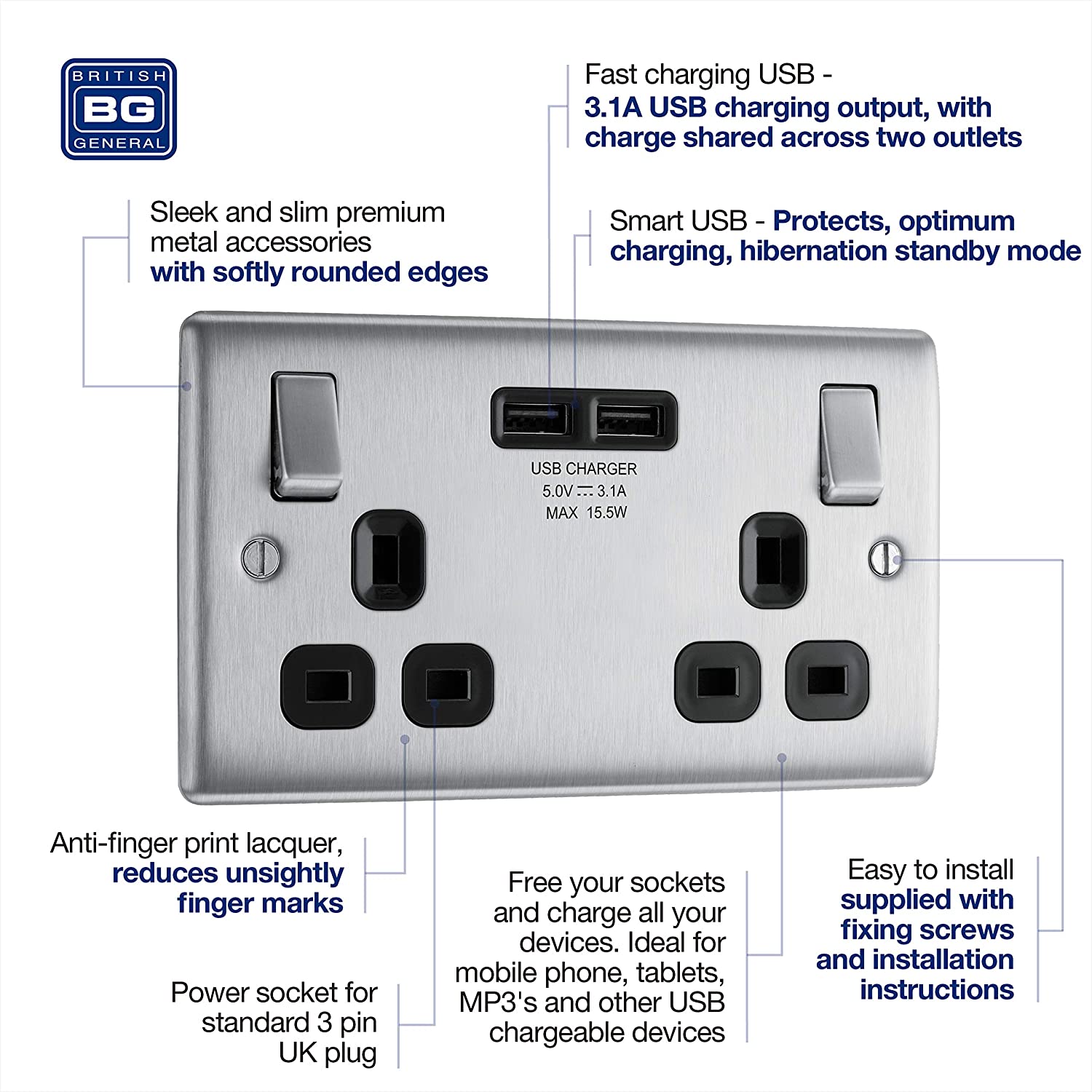 BG Nexus Metal USB Double Socket in Brushed Steel with Black Inserts - NBS22U3B-01