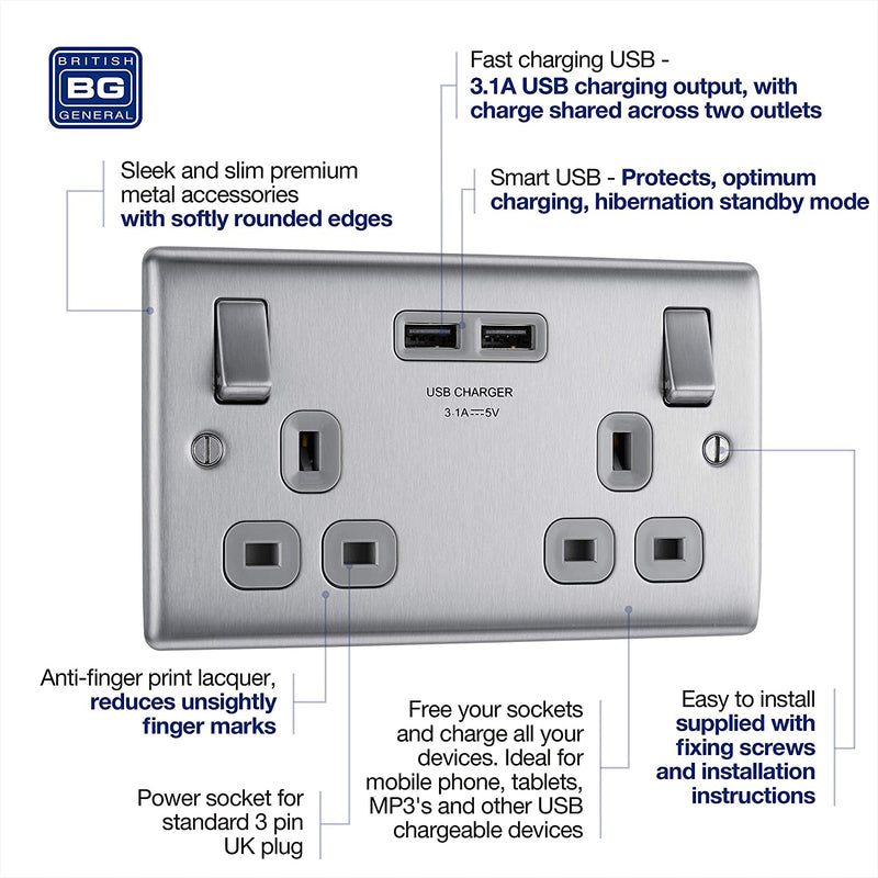 BG Nexus Metal USB Double Switched Fast Charging Power Socket with Two USB Charging Ports 13A in Brushed Steel with Grey Inserts - NBS22U3G