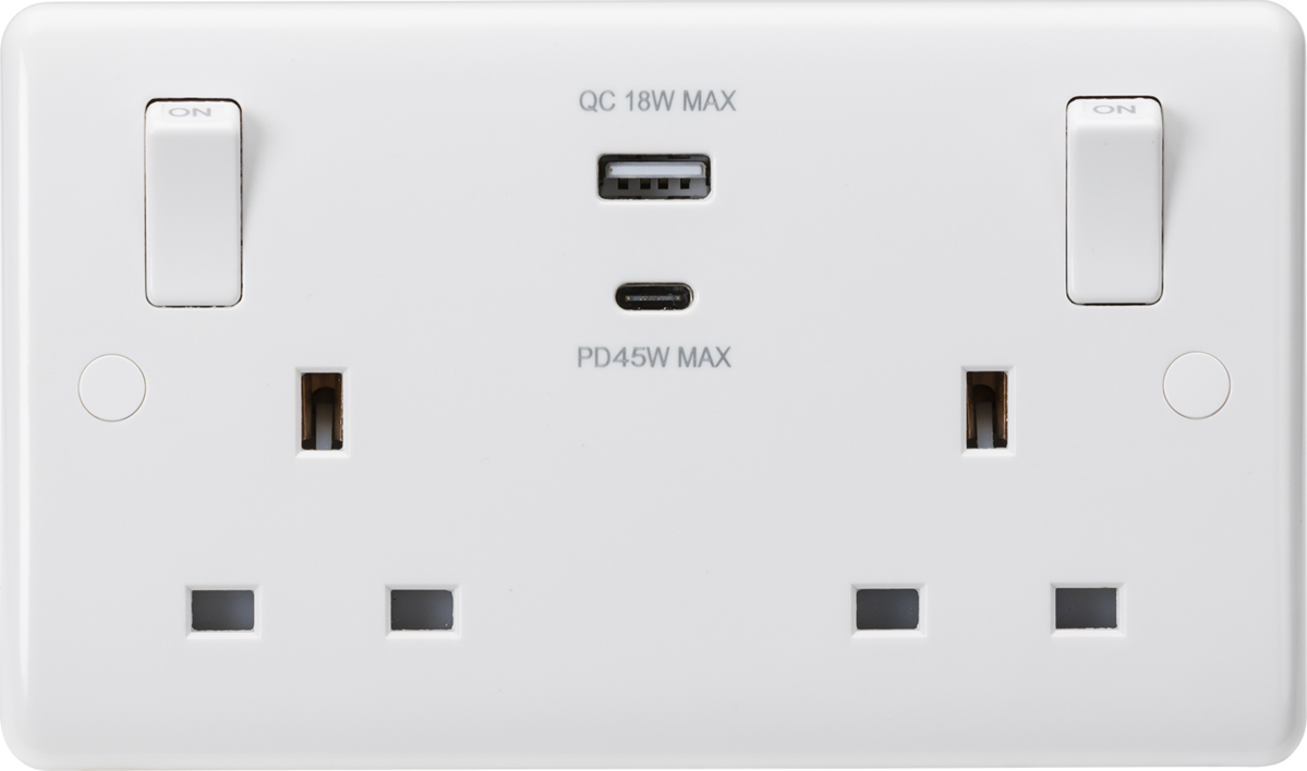 ML Knightsbridge White 13A 2 Gang Switched Double Socket Curved Edge with Outboard Rockers and Dual USB (A+C) QC18W / PD45W