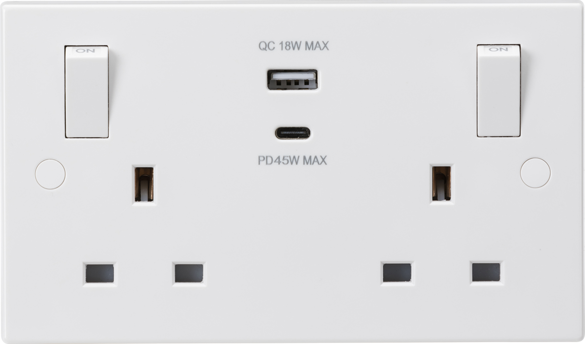 ML Knightsbridge White 13A 2 Gang Switched Double Socket Square Edge with Outboard Rockers and Dual USB (A+C) QC18W / PD45W